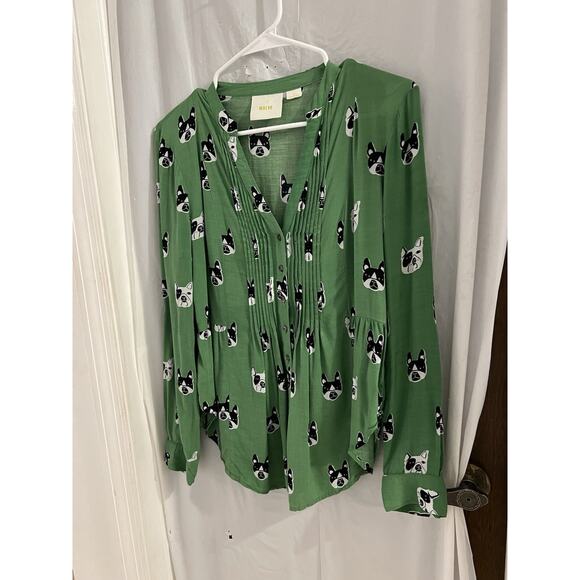 maeve anthropologie Green French Bulldog Pleated Button Up Shirt Sz 6 - Picture 3 of 8